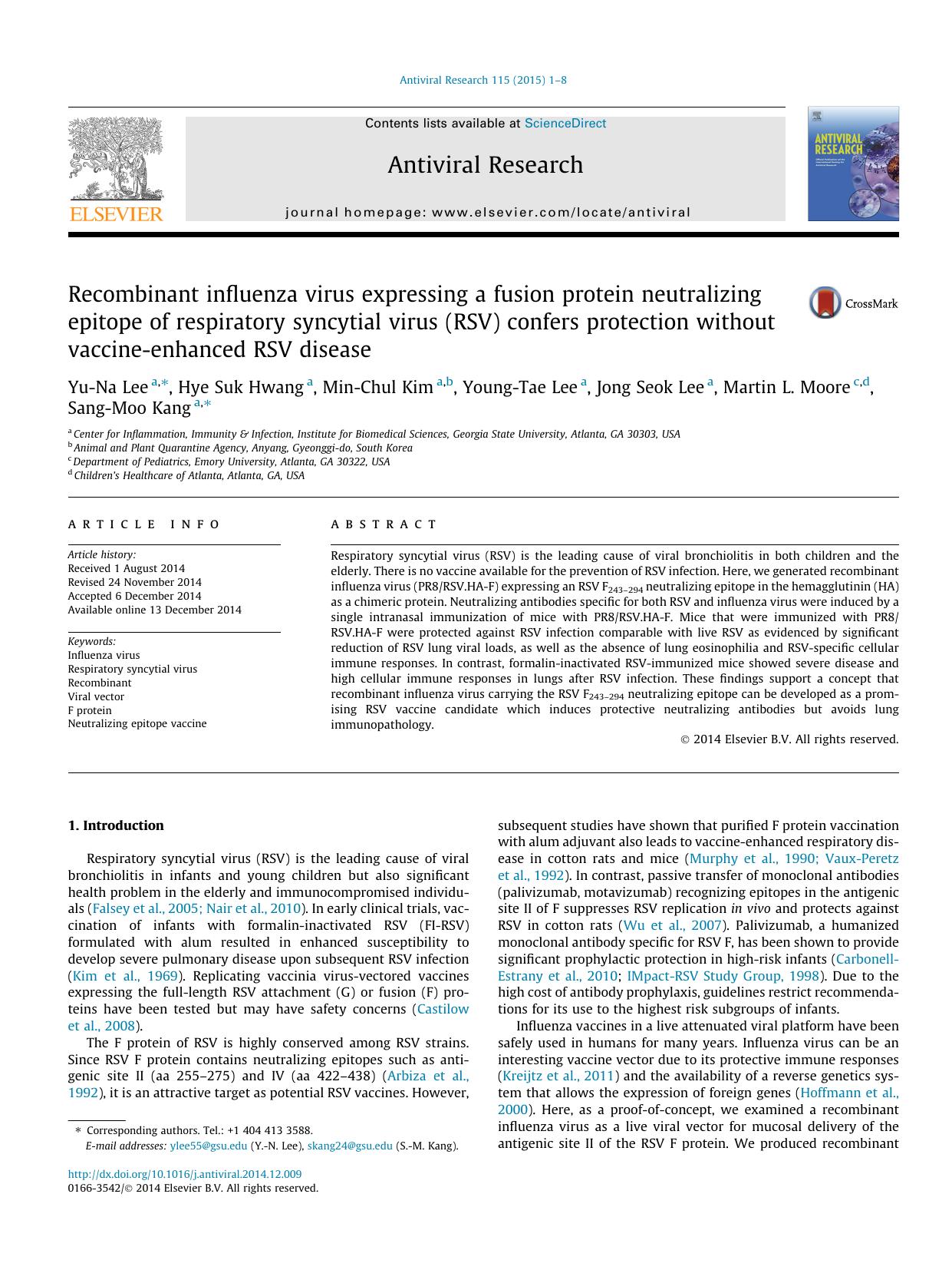 Recombinant influenza virus expressing a fusion protein neutralizing epitope of respiratory syncytial virus (RSV) confers protection without vaccine-enhanced RSV disease by unknow