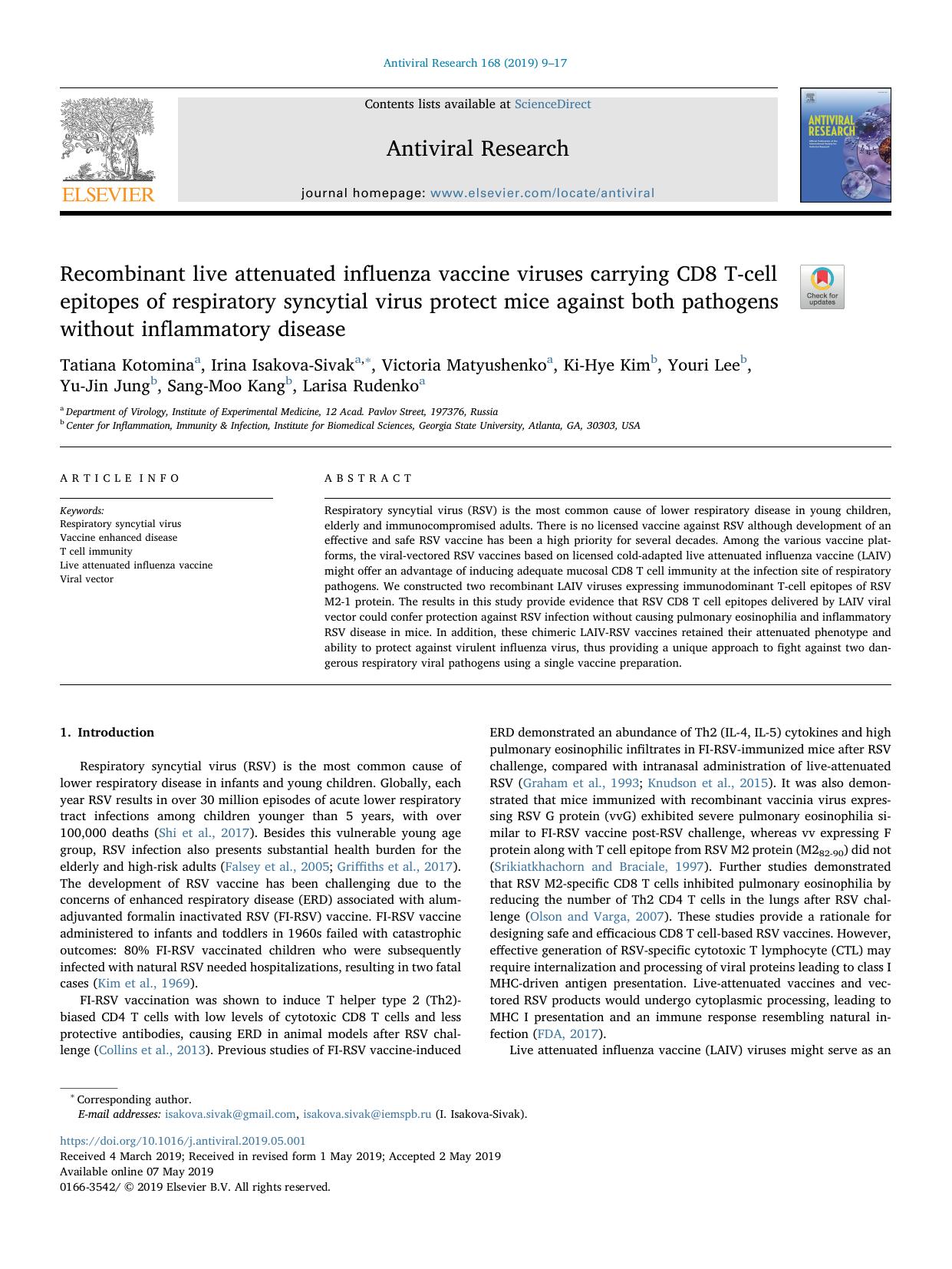 Recombinant live attenuated influenza vaccine viruses carrying CD8 T-cell epitopes of respiratory syncytial virus protect mice against both pathogens without inflammatory disease by unknow