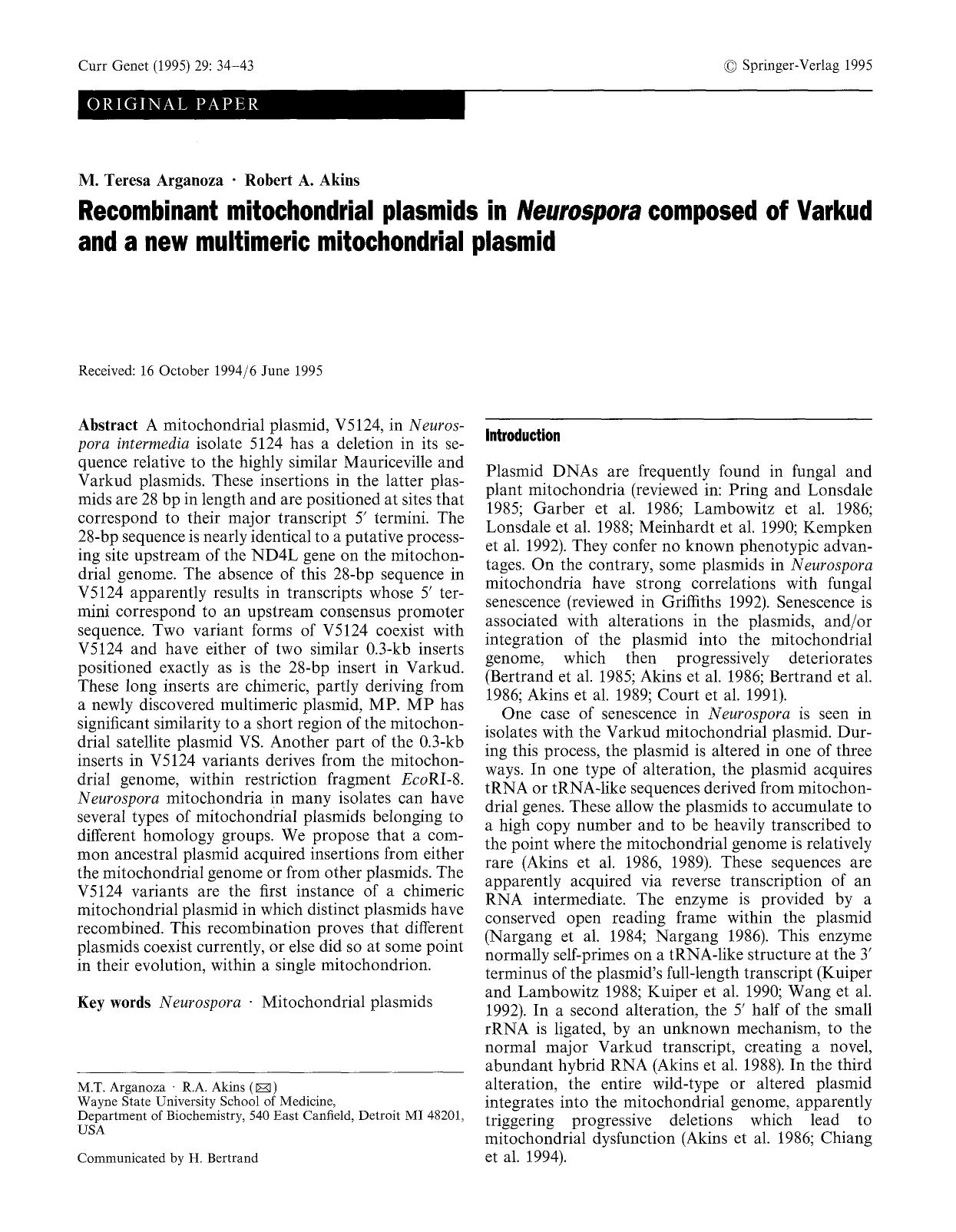 Recombinant mitochondrial plasmids in <Emphasis Type="Italic">Neurospora<Emphasis> composed of Varkud and a new multimeric mitochondrial plasmid by Unknown