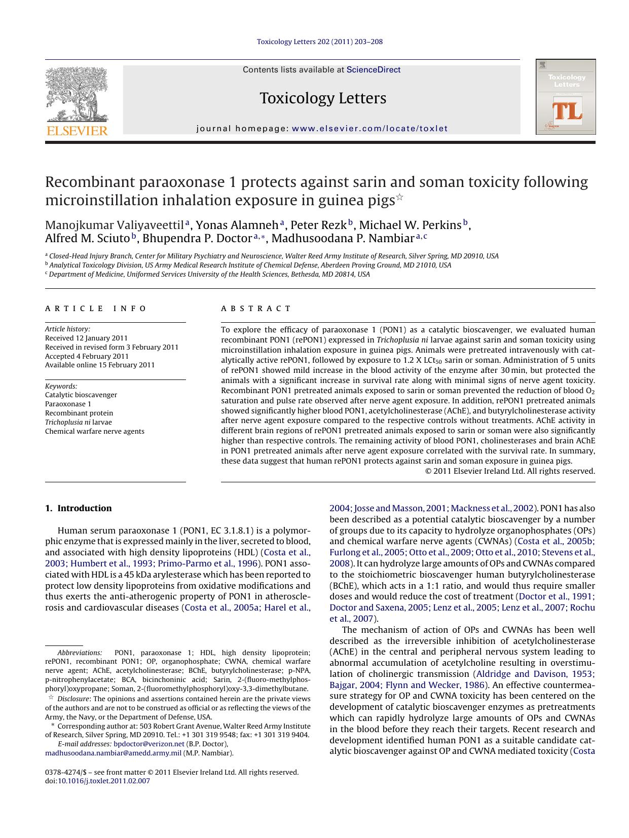 Recombinant paraoxonase 1 protects against sarin and soman toxicity following microinstillation inhalation exposure in guinea pigs by Manojkumar Valiyaveettil