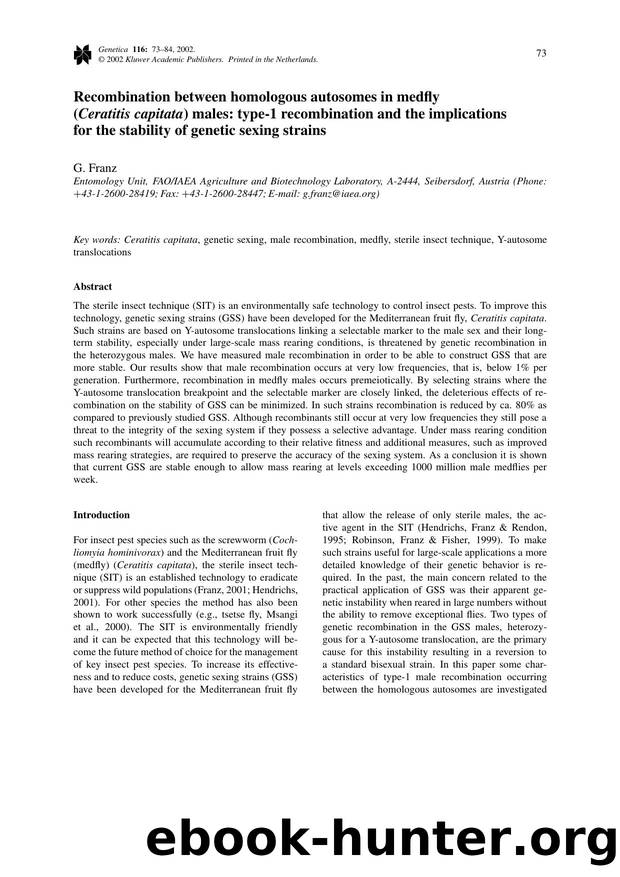 Recombination Between Homologous Autosomes in Medfly (<Emphasis Type="Italic">Ceratitis Capitata<Emphasis>) Males: Type-1 Recombination and the Implications for the Stability of Genetic Sexing Strains by Unknown