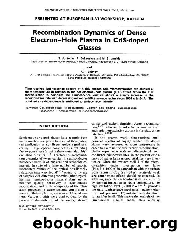 Recombination dynamics of dense elctron-hole plasma in CdS-doped glasses by Unknown