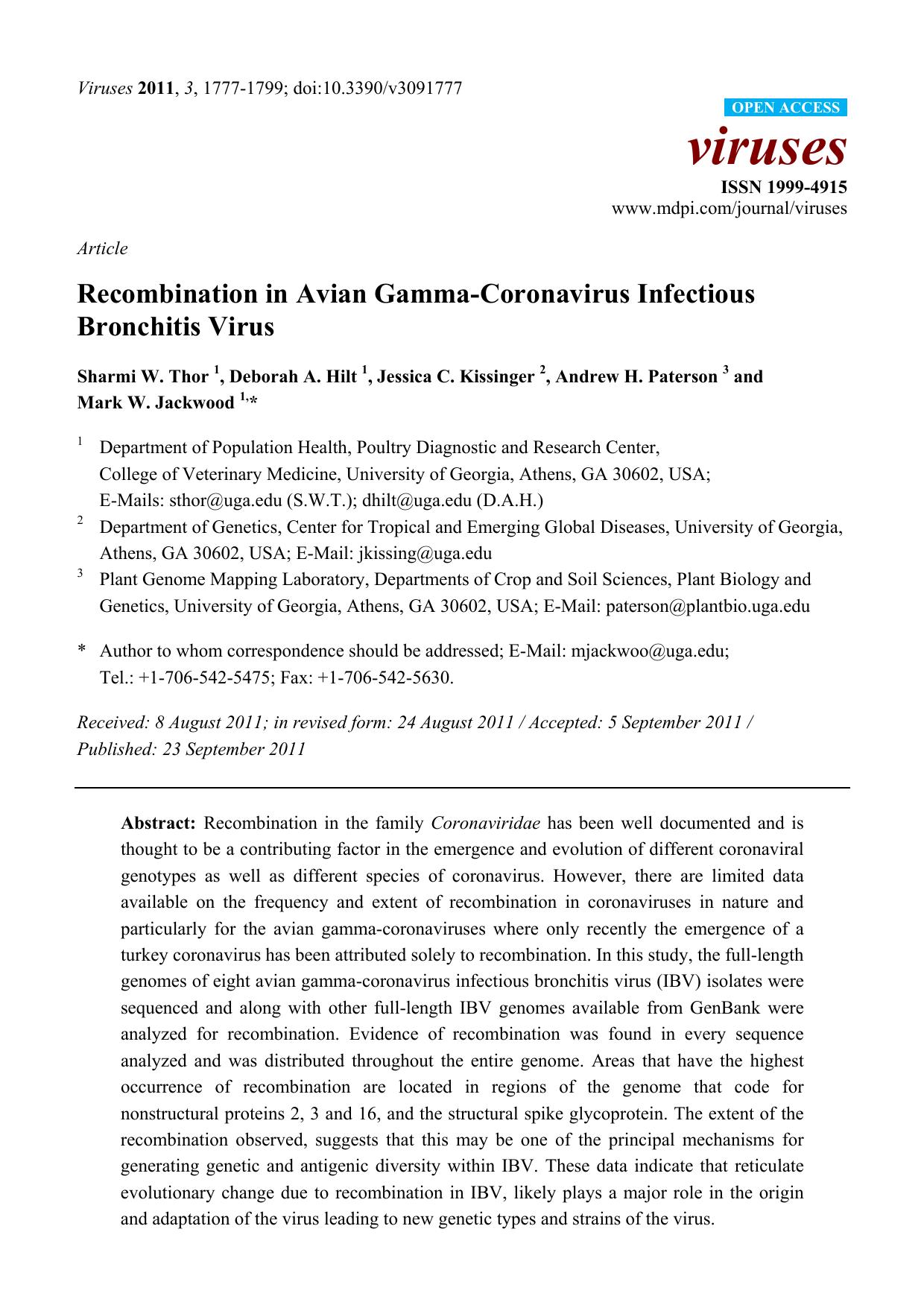 Recombination in Avian Gamma-Coronavirus Infectious Bronchitis Virus by Sharmi W. Thor 1 & Deborah A. Hilt 1 & Jessica C. Kissinger 2 & Andrew H. Paterson 3 and