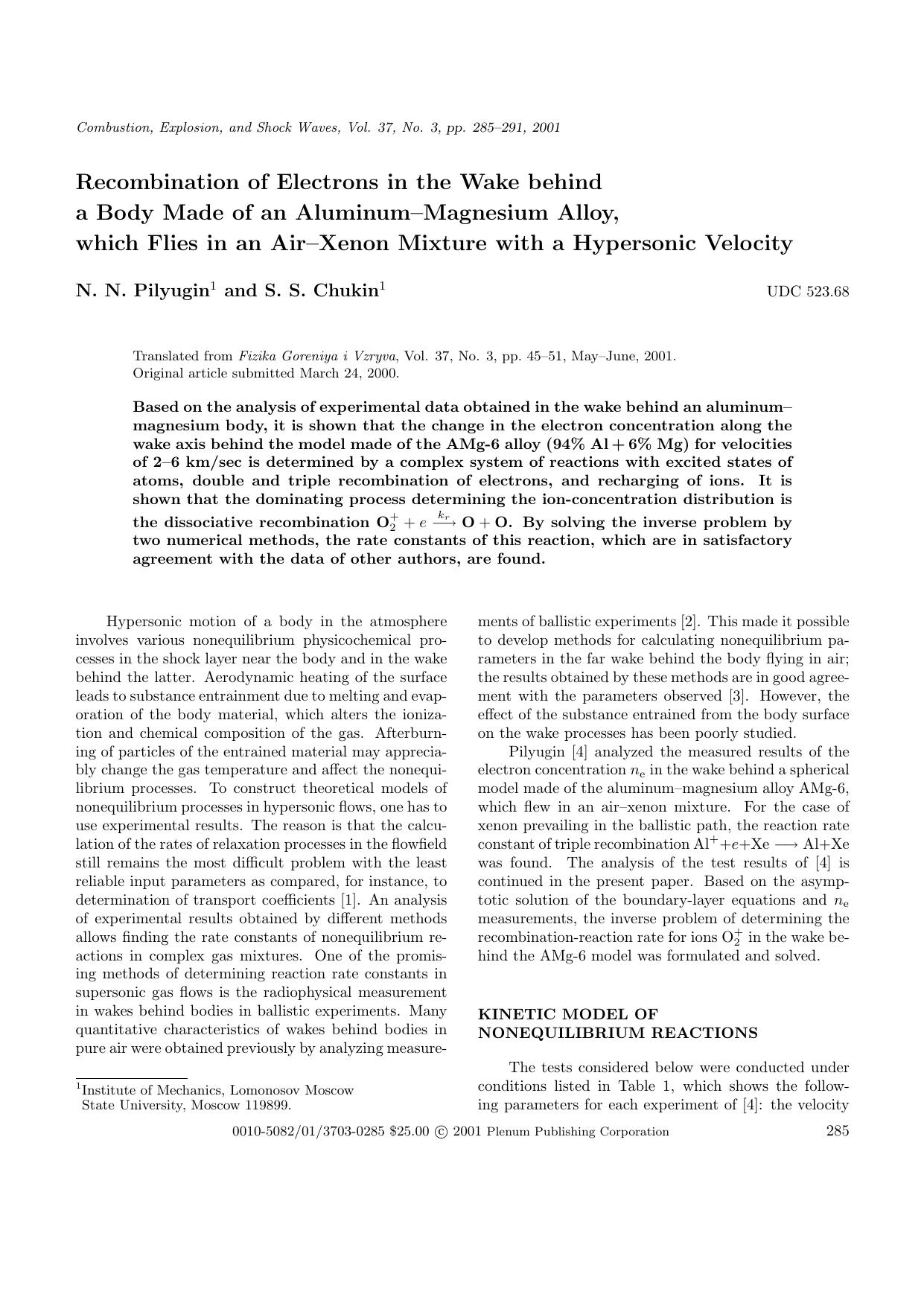Recombination of Electrons in the Wake behind a Body Made of an Aluminum&#x2013;Magnesium Alloy, which Flies in an Air&#x2013;Xenon Mixture with a Hypersonic Velocity by Unknown