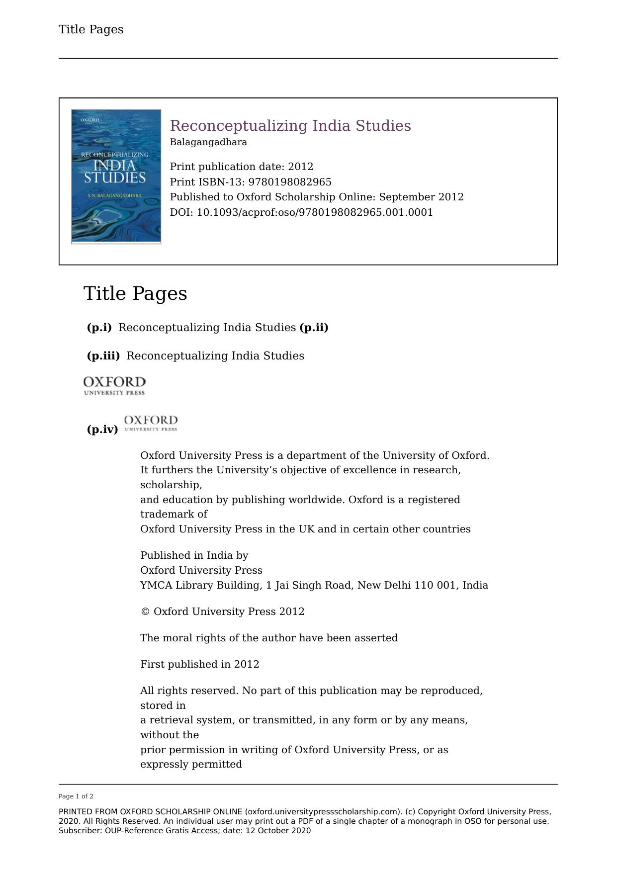 Reconceptualizing India Studies by Balagangadhara