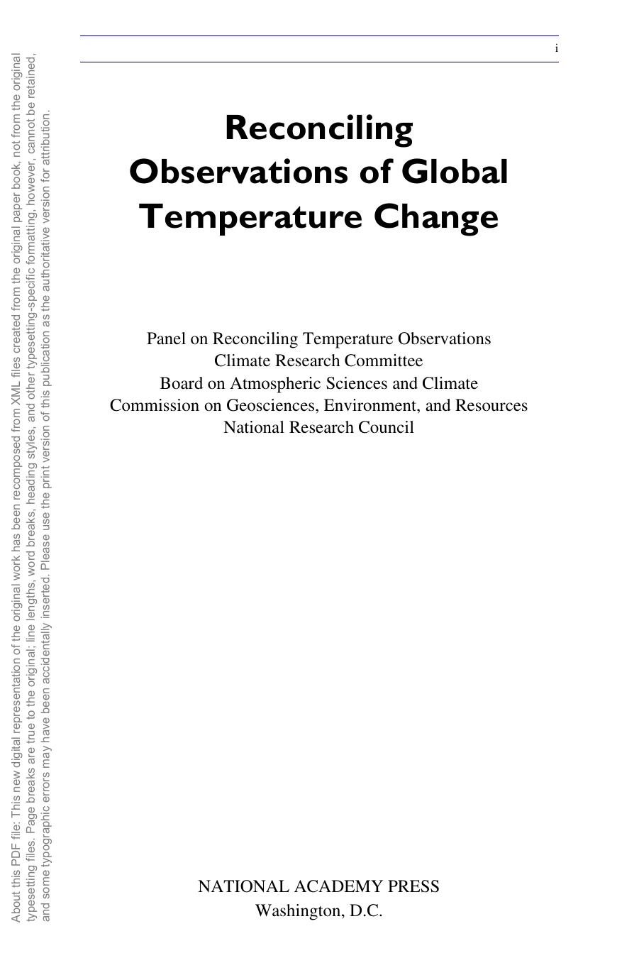 Reconciling Observations of Global Temperature Change by National Research Council