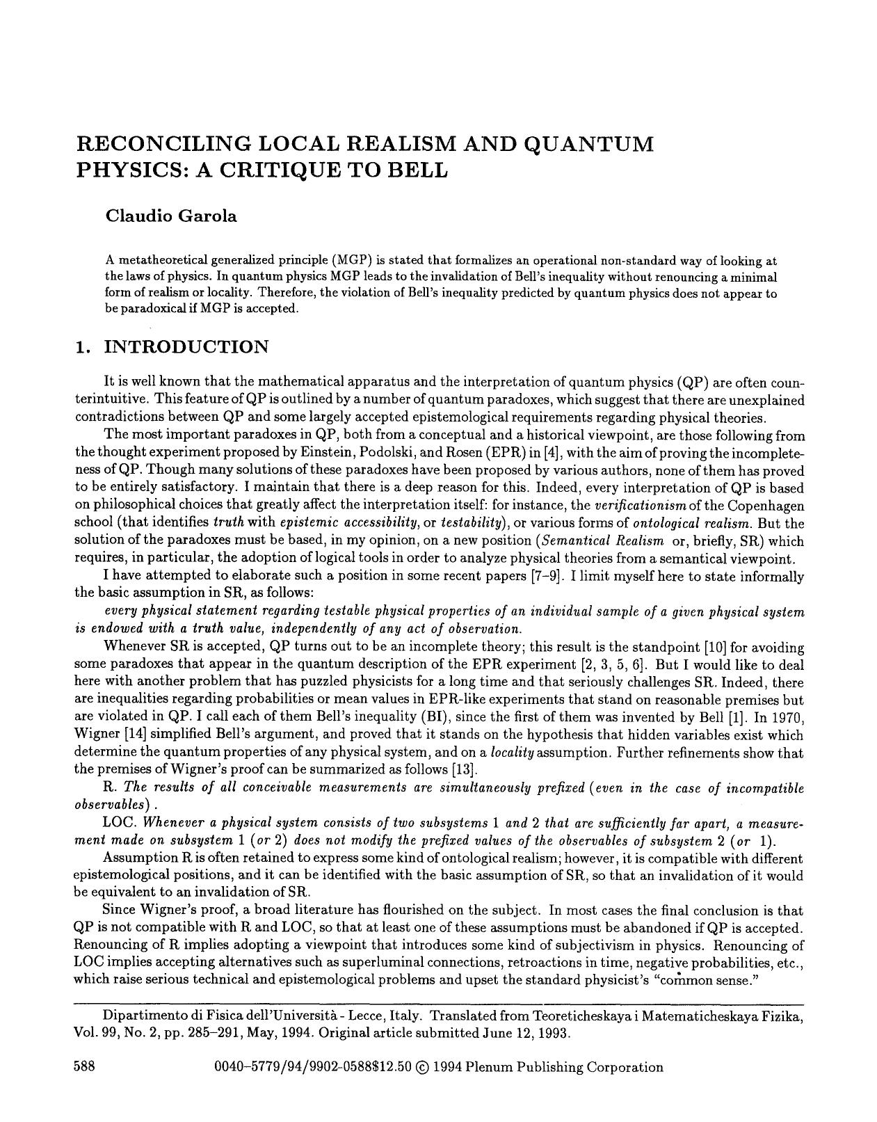 Reconciling local realism and quantum physics: A critique to Bell by Unknown