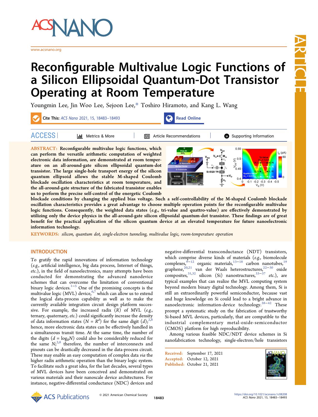 Reconfigurable Multivalue Logic Functions of a Silicon Ellipsoidal Quantum-Dot Transistor Operating at Room Temperature by Youngmin Lee Jin Woo Lee Sejoon Lee Toshiro Hiramoto and Kang L. Wang