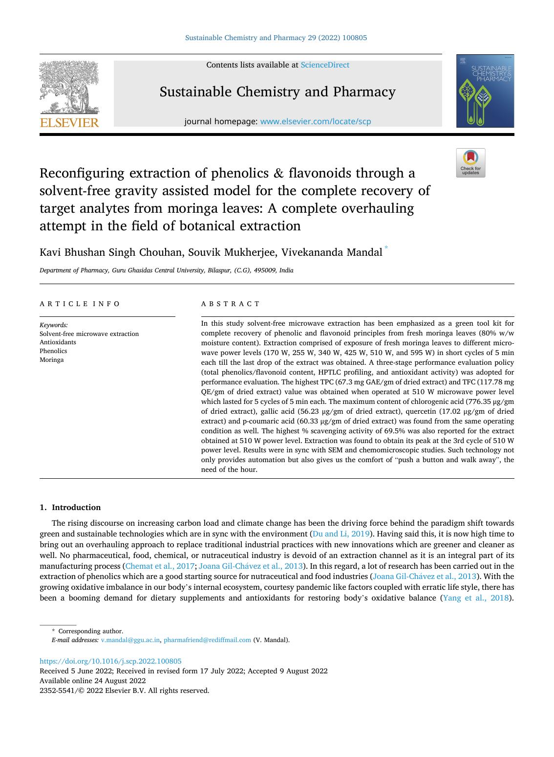 Reconfiguring extraction of phenolics & flavonoids through a solvent-free gravity assisted model for the complete recovery of target analytes from moringa leaves: A complete overha by Kavi Bhushan Singh Chouhan