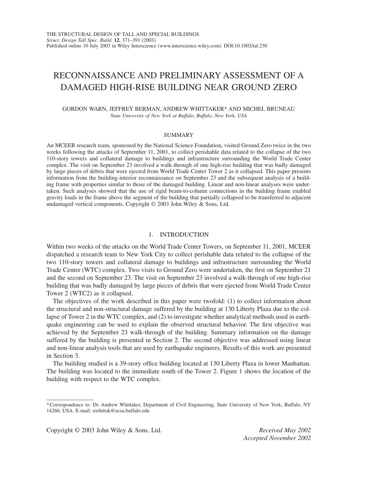 Reconnaissance and preliminary assessment of a damaged high-rise building near Ground Zero by Petty