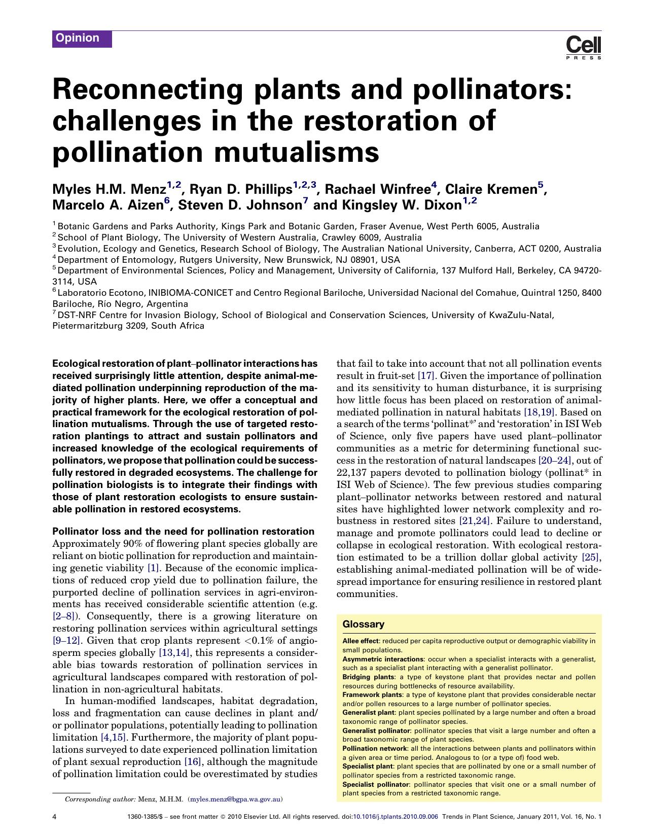 Reconnecting plants and pollinators: challenges in the restoration of pollination mutualisms by Myles H.M. Menz