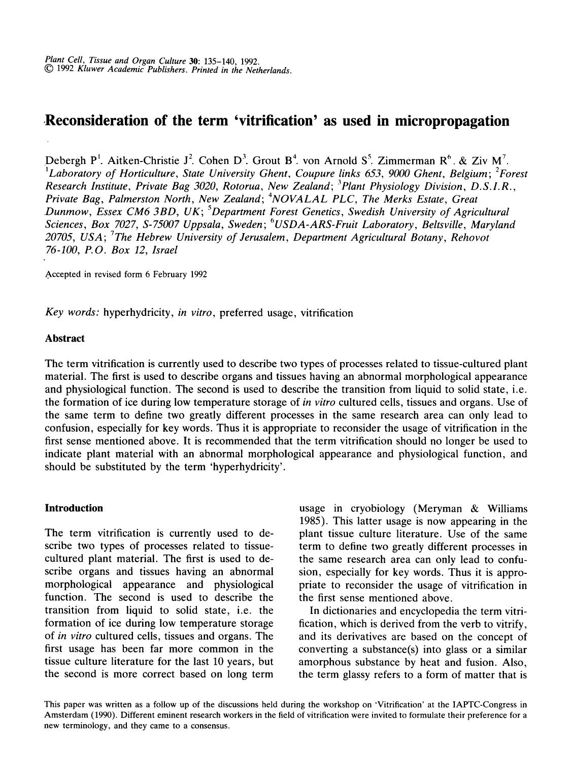 Reconsideration of the term ‘vitrification’ as used in micropropagation by Unknown