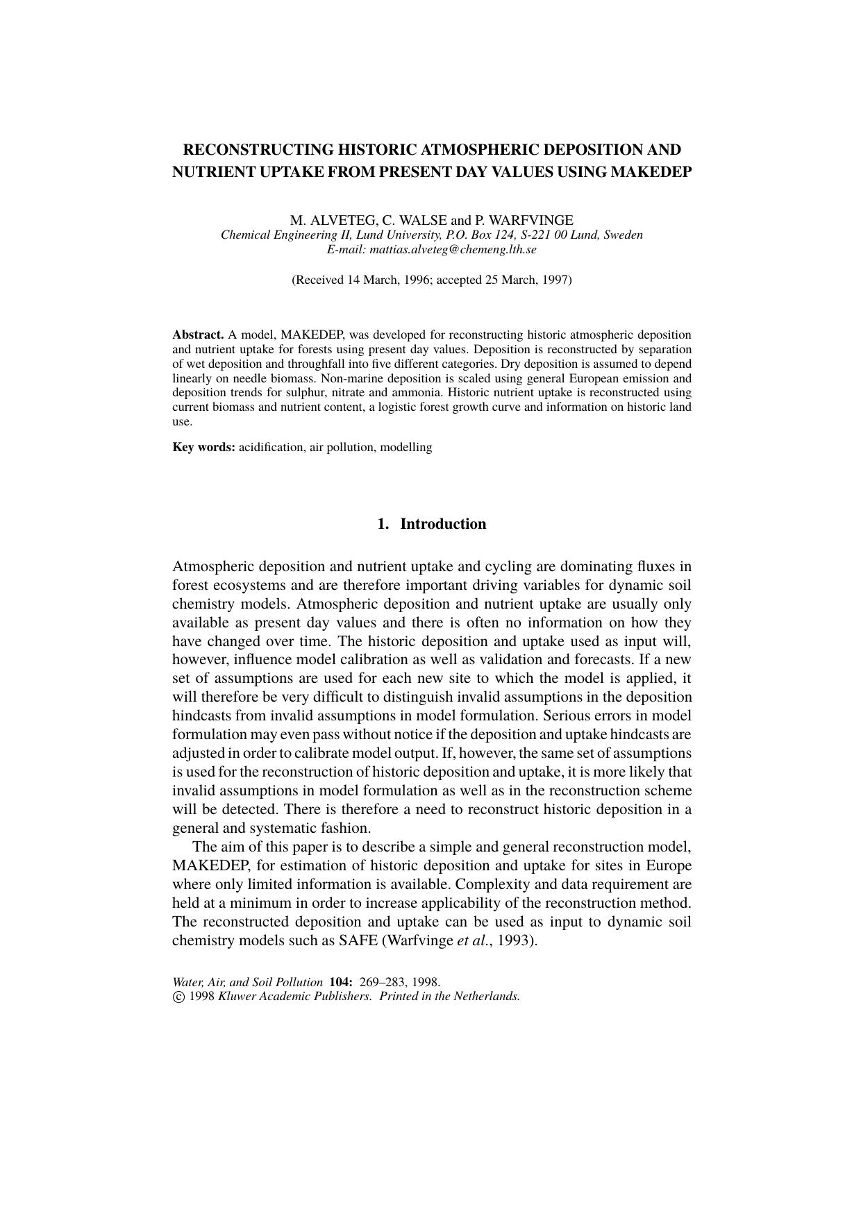 Reconstructing Historic Atmospheric Deposition and Nutrient Uptake from Present Day Values Using MAKEDEP by Unknown