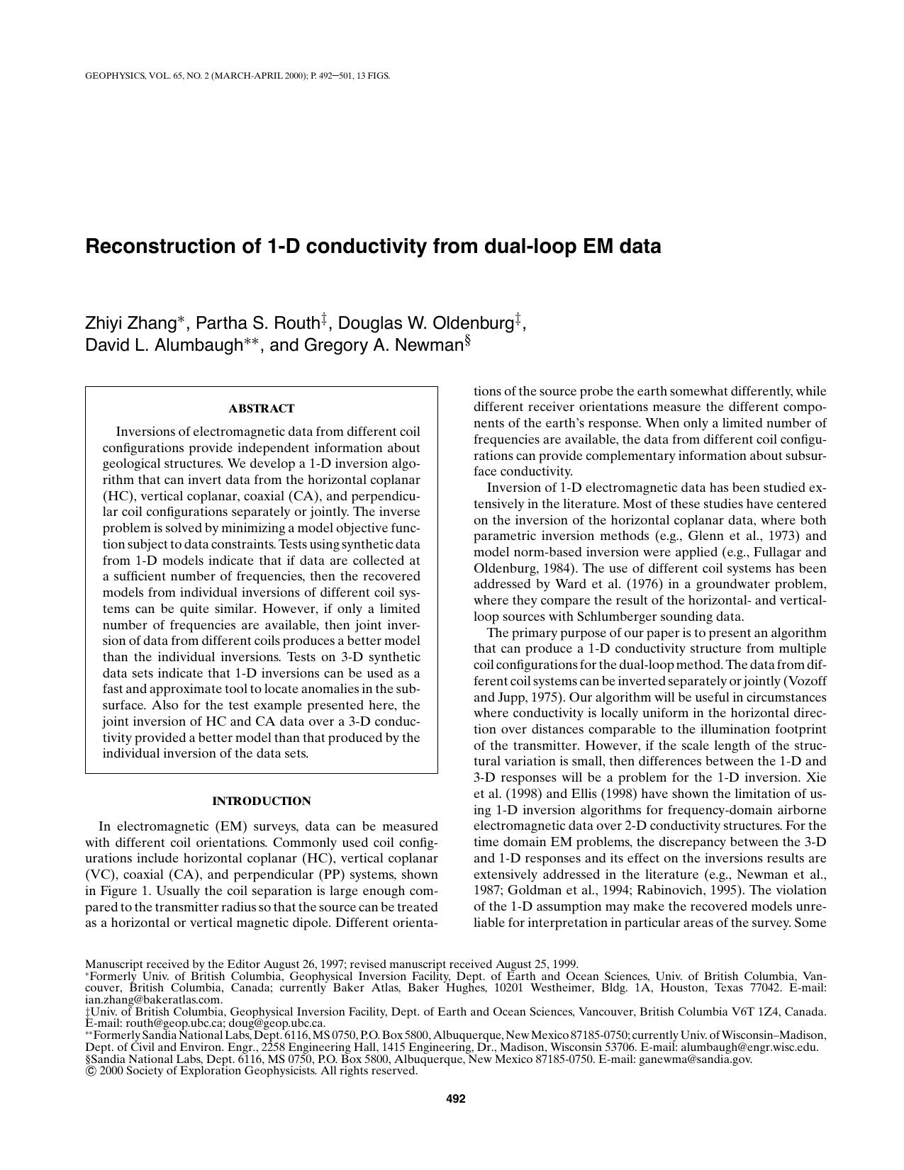 Reconstruction of 1-D conductivity from dual-loop EM data by Z. Zhang P.S. Routh D.W. Oldenburg D.L. Alumbaugh G.A. Newman