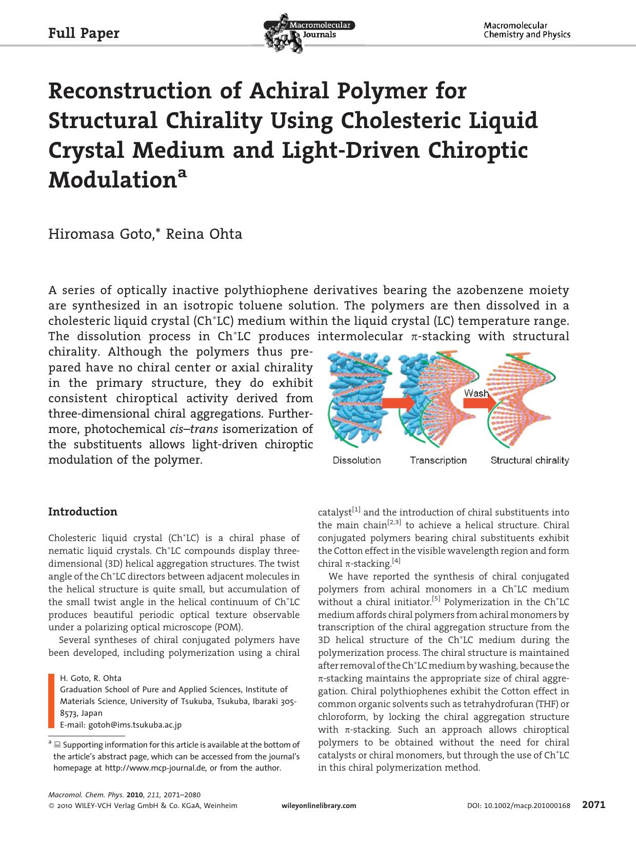 Reconstruction of Achiral Polymer for Structural Chirality Using Cholesteric Liquid Crystal Medium and LightDriven Chiroptic Modulation by unknow