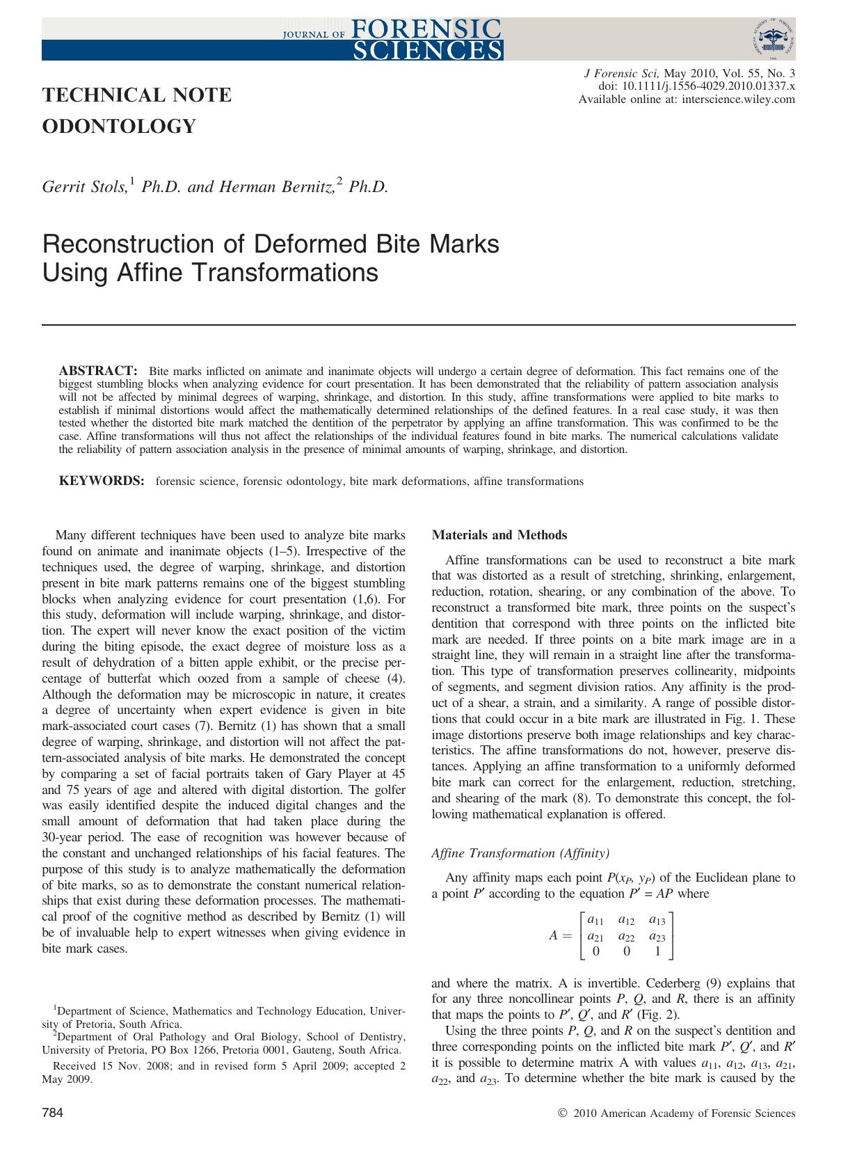 Reconstruction of Deformed Bite Marks Using Affine Transformations by Unknown