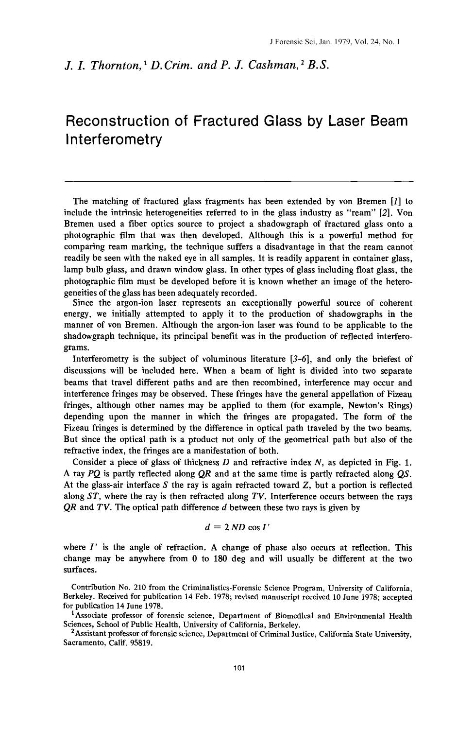 Reconstruction of Fractured Glass by Laser Beam Interferometry by Thornton JI Cashman PJ