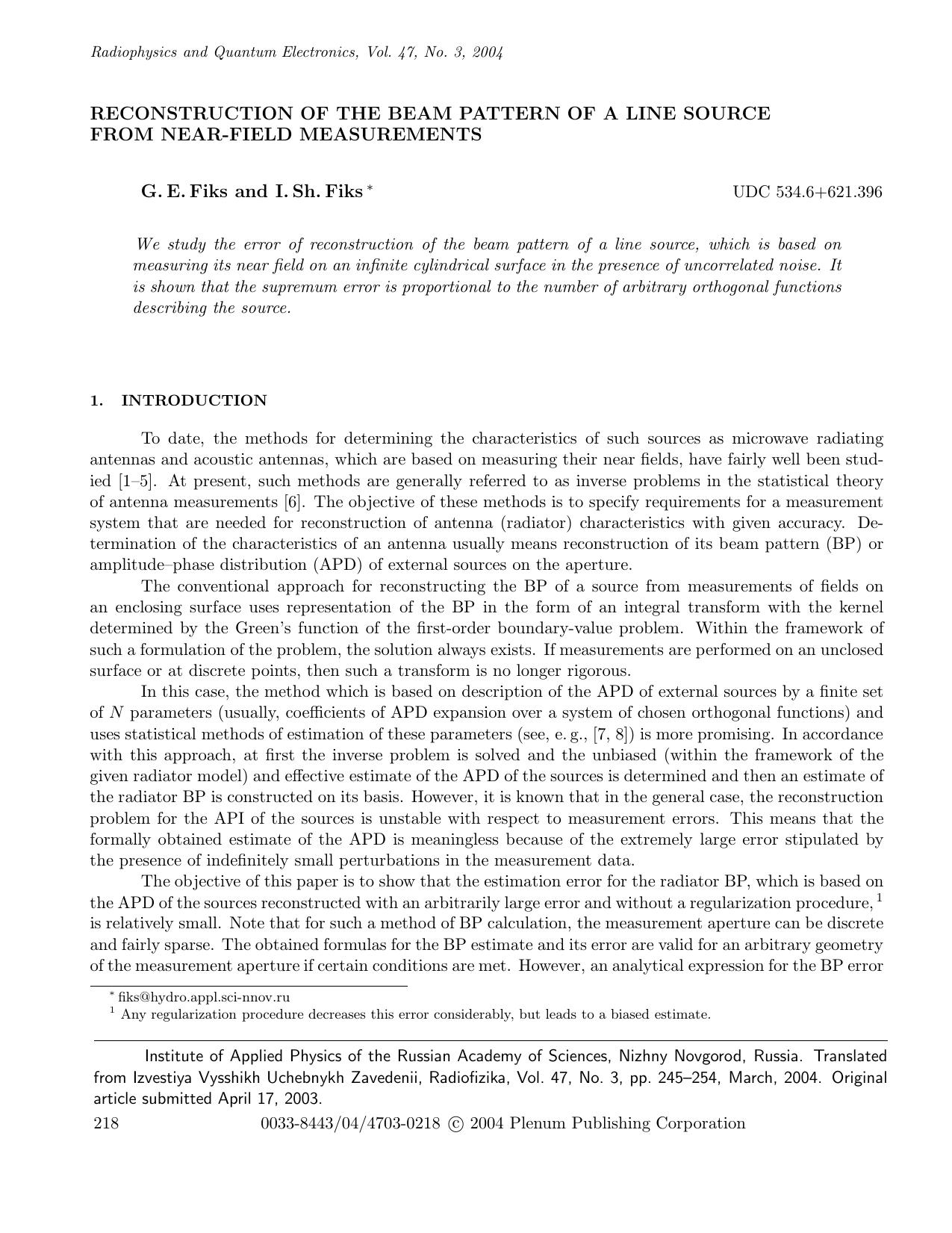 Reconstruction of the Beam Pattern of a Line Source from Near-Field Measurements by Unknown