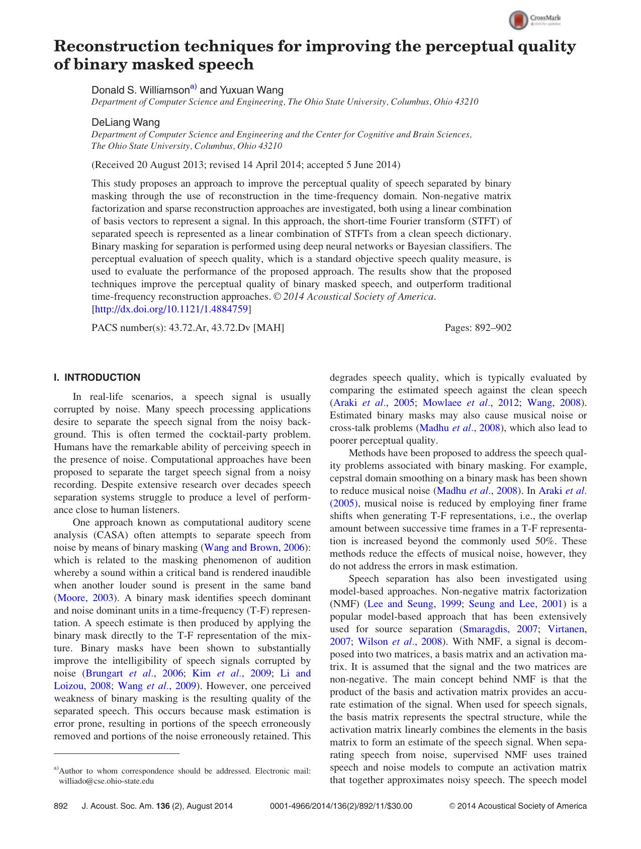 Reconstruction techniques for improving the perceptual quality of binary masked speech by Donald S. Williamson & Yuxuan Wang & DeLiang Wang