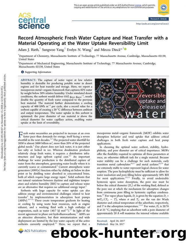 Record Atmospheric Fresh Water Capture and Heat Transfer with a Material Operating at the Water Uptake Reversibility Limit by Adam J. Rieth Sungwoo Yang Evelyn N. Wang & Mircea Dincă