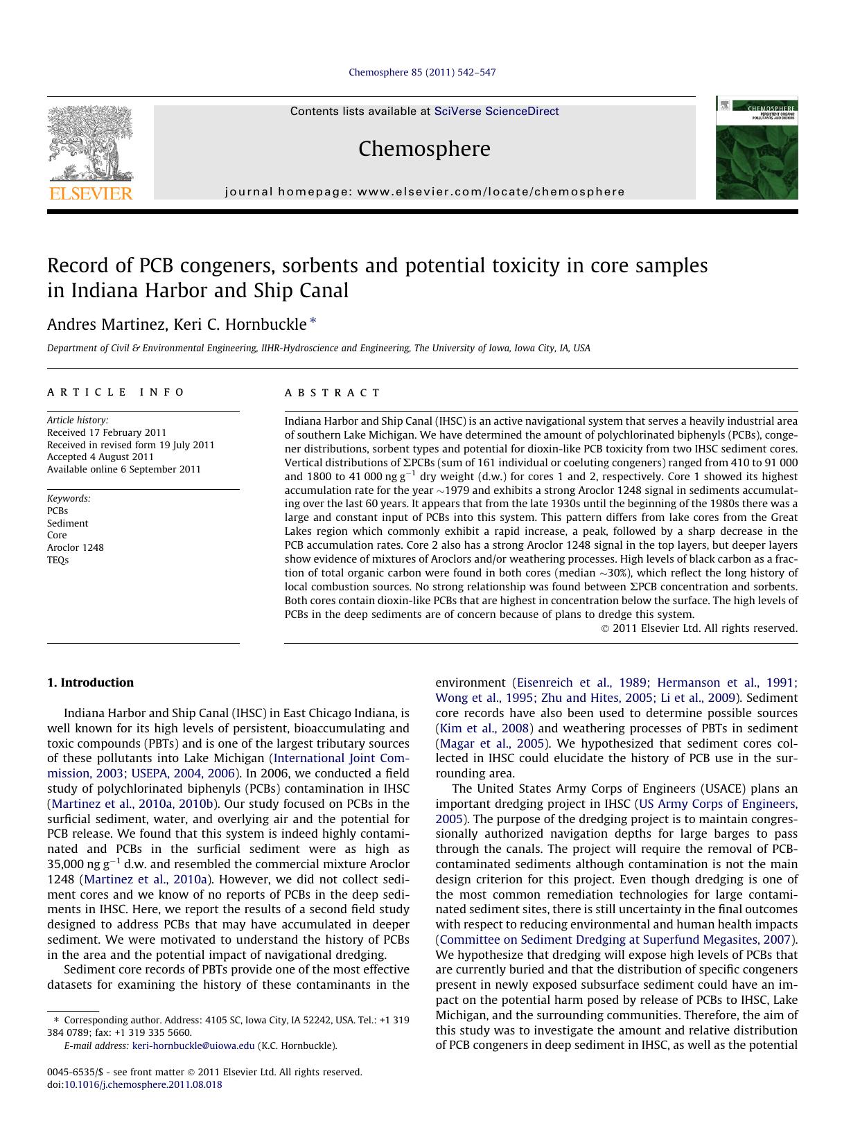 Record of PCB congeners, sorbents and potential toxicity in core samples in Indiana Harbor and Ship Canal by Andres Martinez & Keri C. Hornbuckle