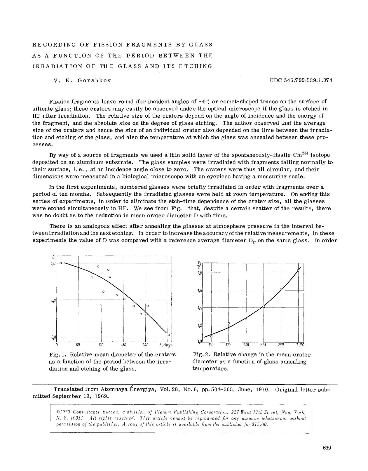 Recording of fission fragments by glass as a function of the period between the irradiation of the glass and its etching by Unknown