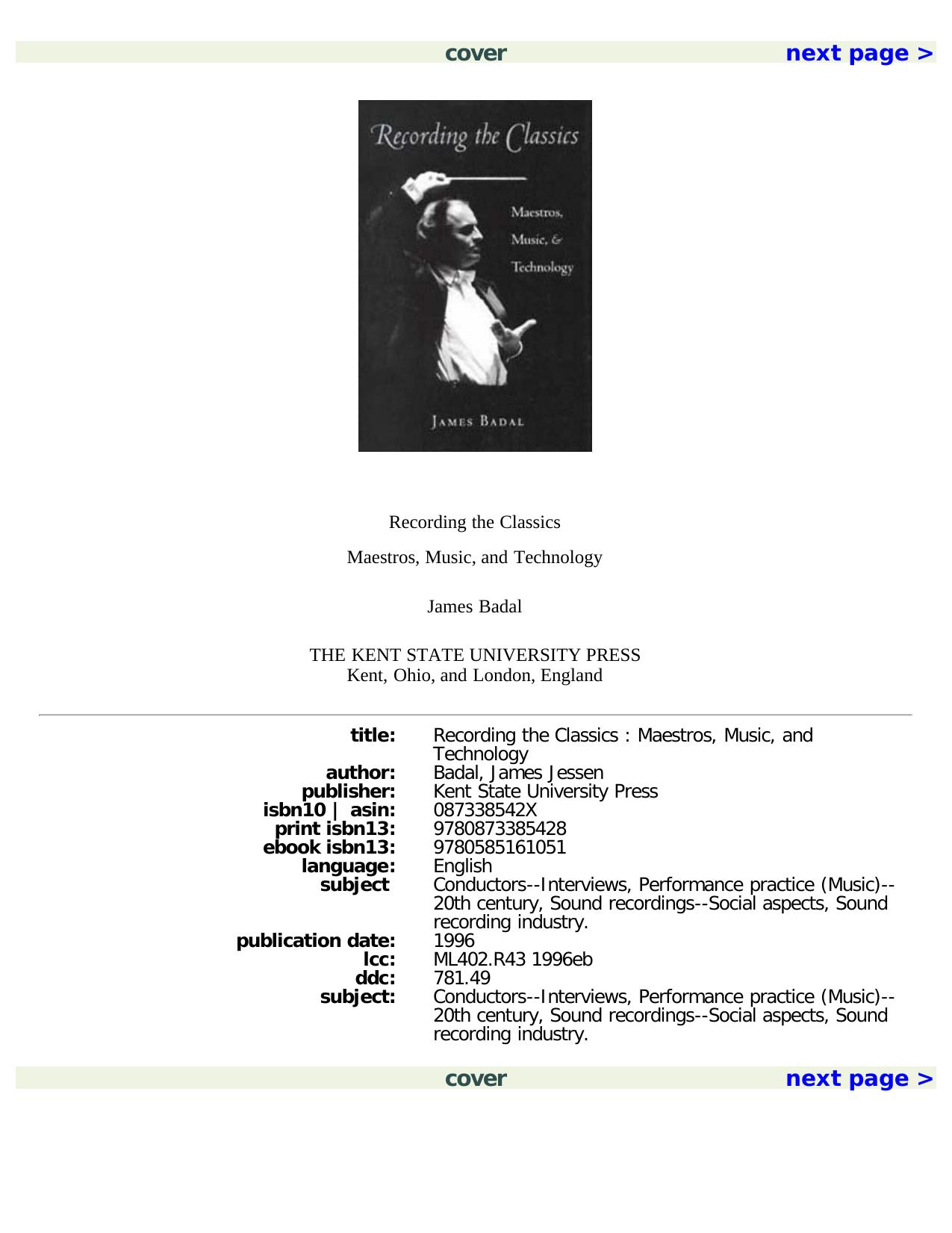 Recording the Classics: Maestros, Music, and Technology by James Jessen Badal