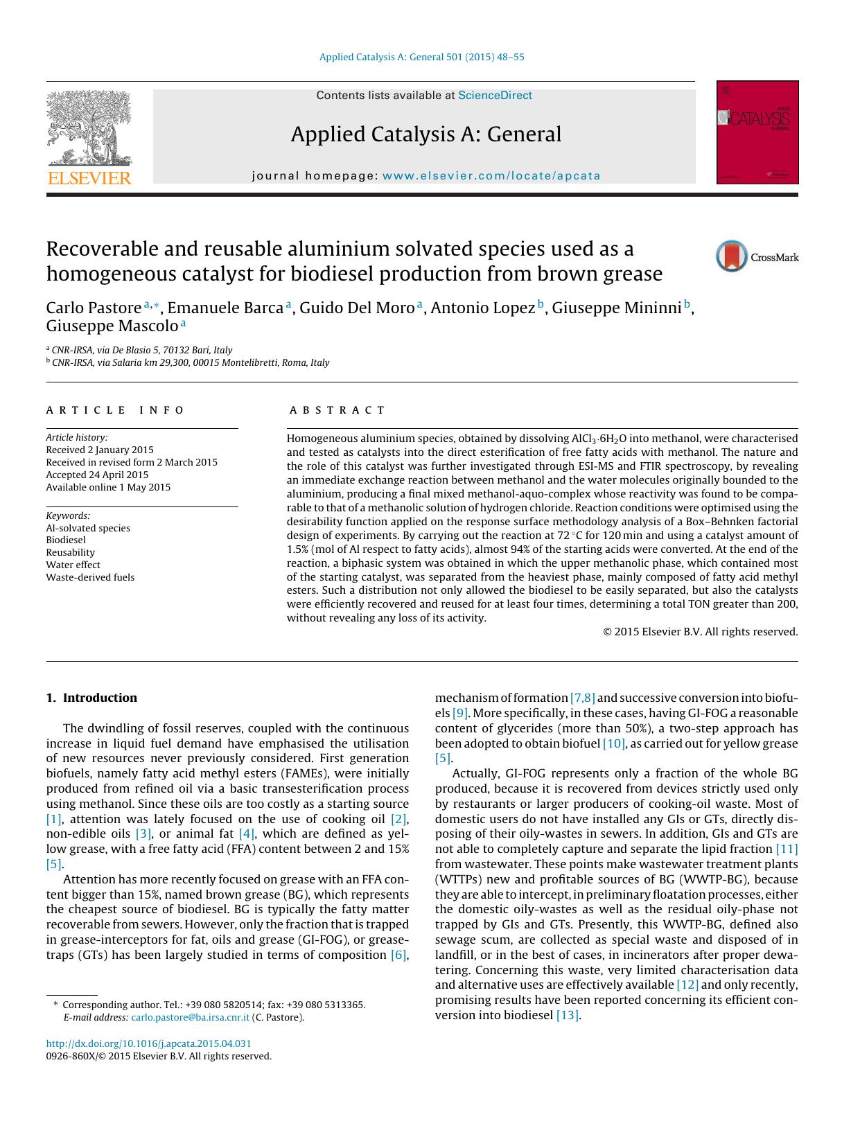 Recoverable and reusable aluminium solvated species used as a homogeneous catalyst for biodiesel production from brown grease by unknow