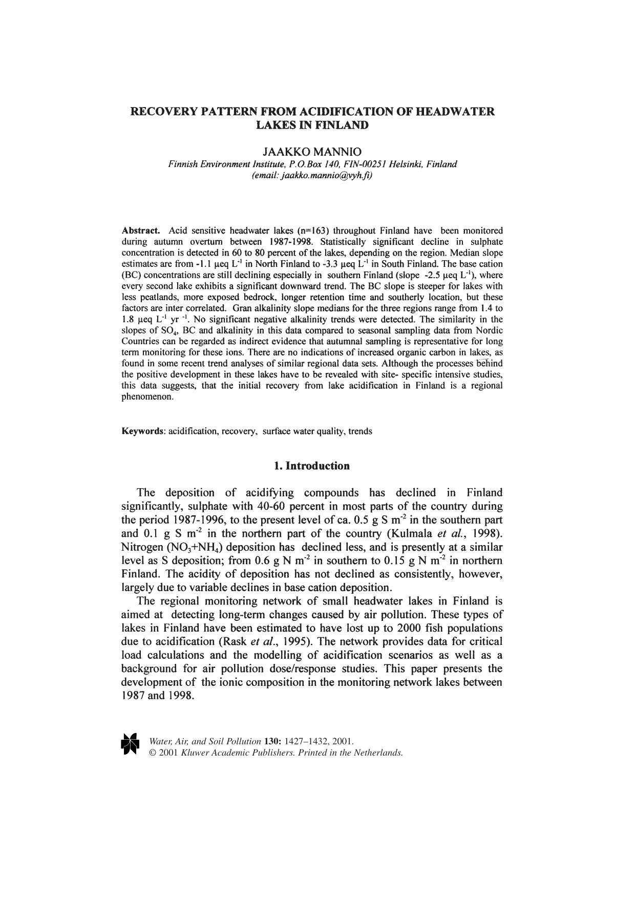 Recovery Pattern from Acidification of Headwater Lakes in Finland by Unknown