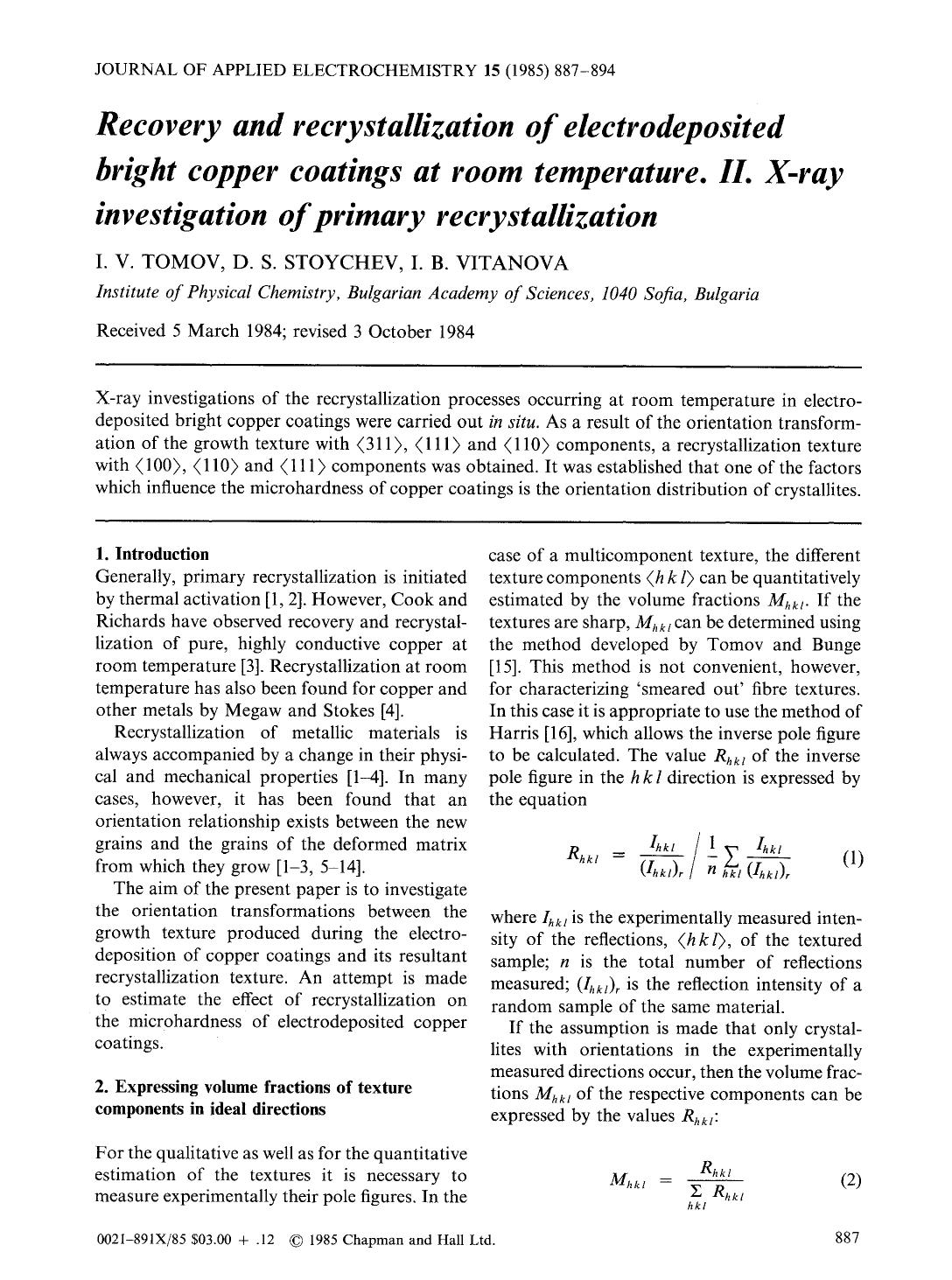 Recovery and recrystallization of electrodeposited bright copper coatings at room temperature. II. X-ray investigation of primary recrystallization by Unknown