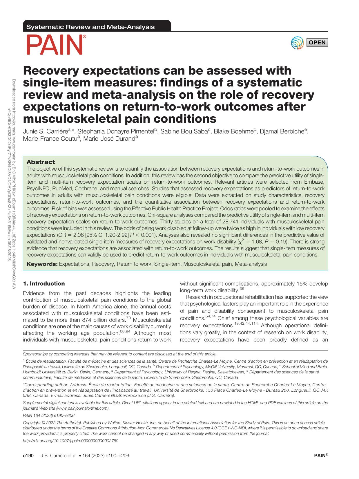 Recovery expectations can be measured with single-item measures: findings of a systematic review and meta-analysis on the role of recovery expectations on return-to-work outcomes f by unknow