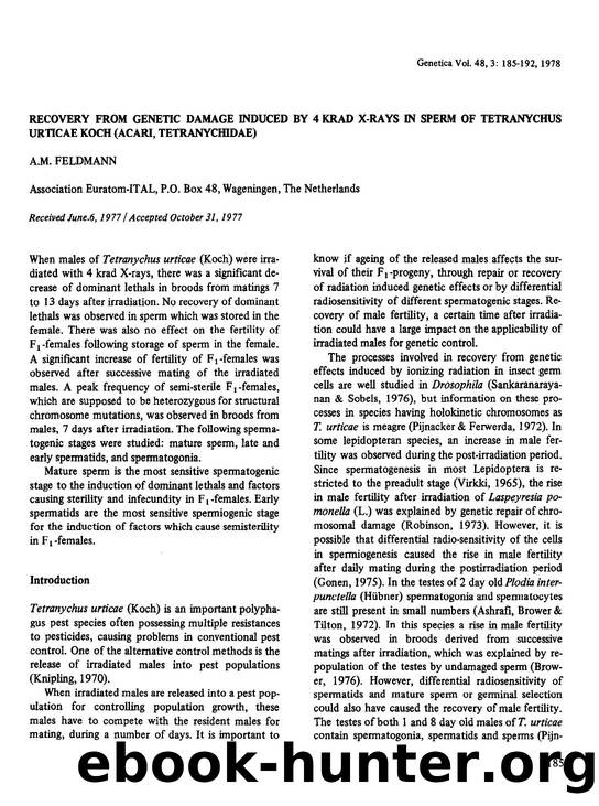 Recovery from genetic damage induced by 4 krad X-rays in sperm of Tetranychus urticae Koch (Acari, Tetranychidae) by Unknown