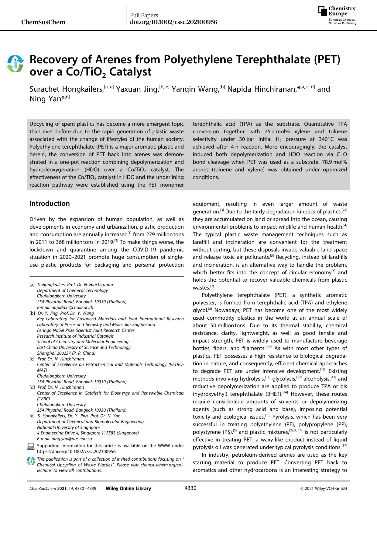 Recovery of Arenes from Polyethylene Terephthalate (PET) over a CoTiO2 Catalyst by Unknown