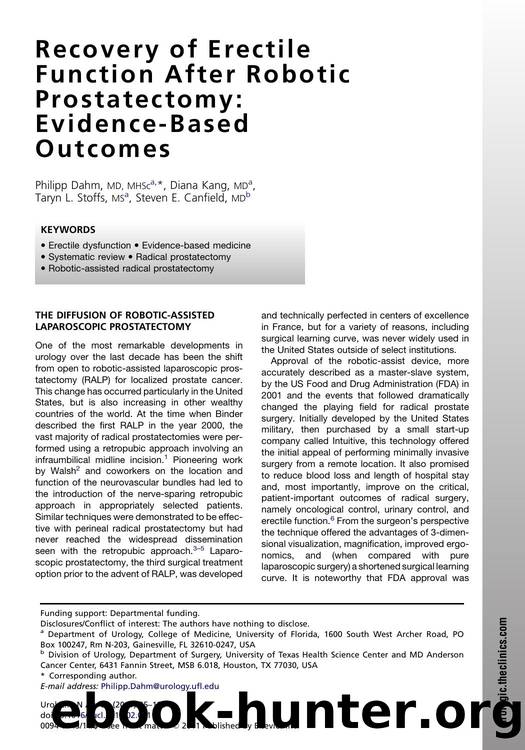 Recovery of Erectile Function After Robotic Prostatectomy: Evidence-Based Outcomes by Philipp Dahm MD MHSc & Diana Kang MD & Taryn L. Stoffs MS & Steven E. Canfield MD