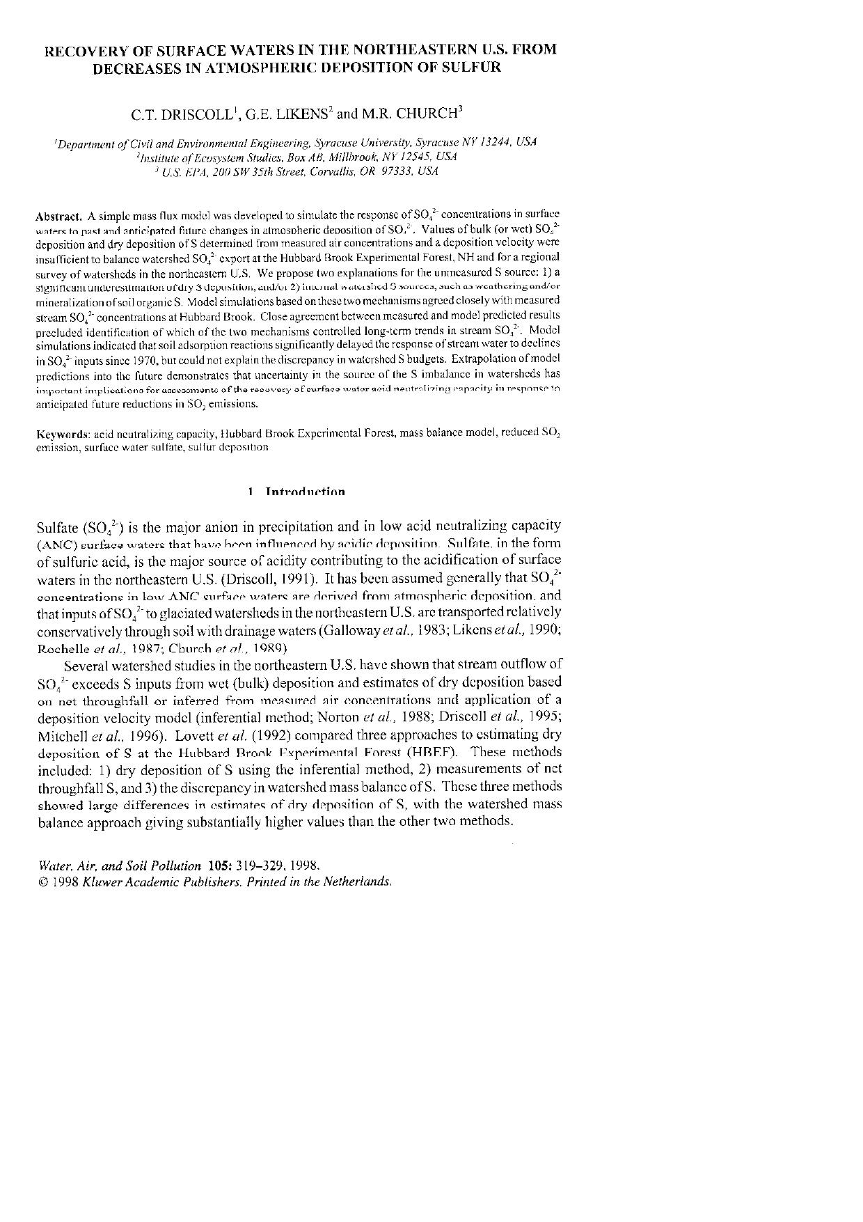 Recovery of Surface Waters in the Northeastern U.S. from Decreases in Atmospheric Deposition of Sulfur by Unknown