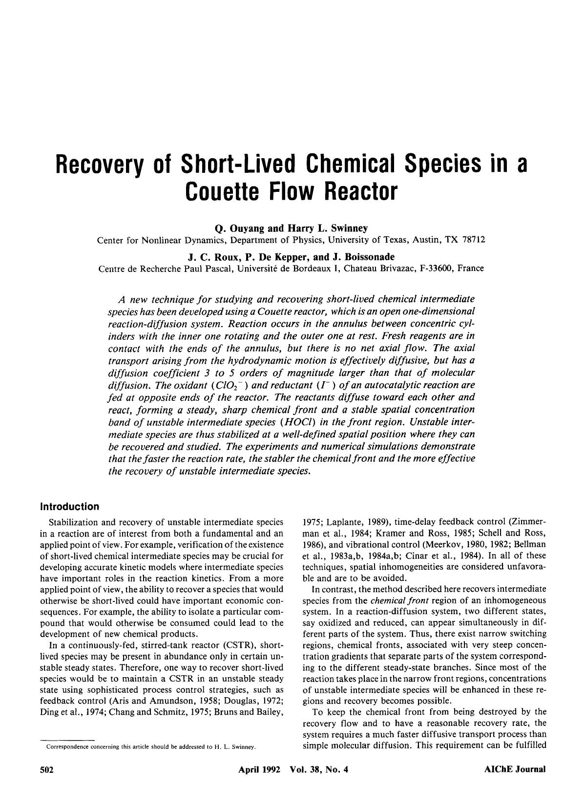 Recovery of short-lived chemical species in a Couette flow reactor by Unknown
