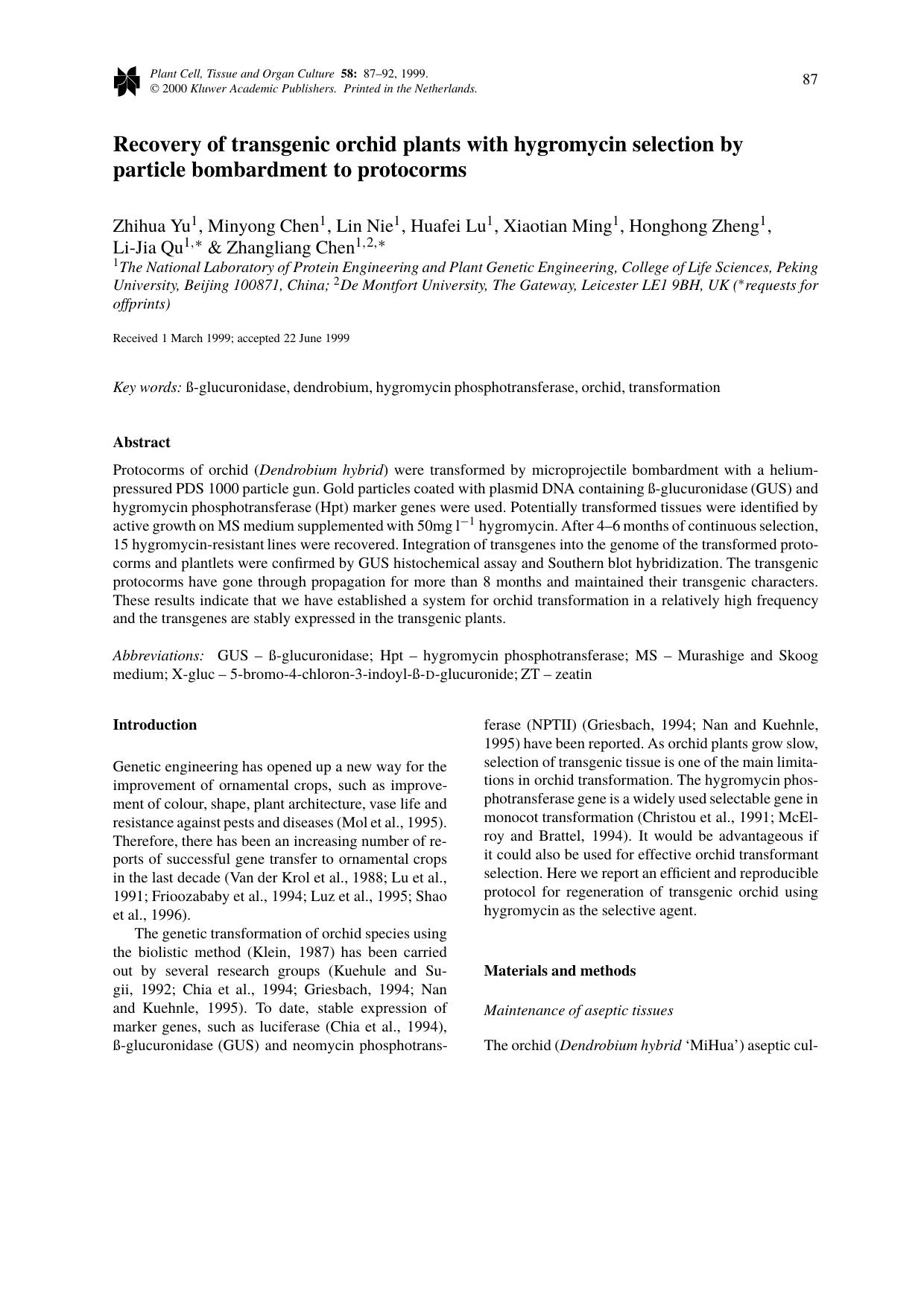Recovery of transgenic orchid plants with hygromycin selection by particle bombardment to protocorms by Unknown