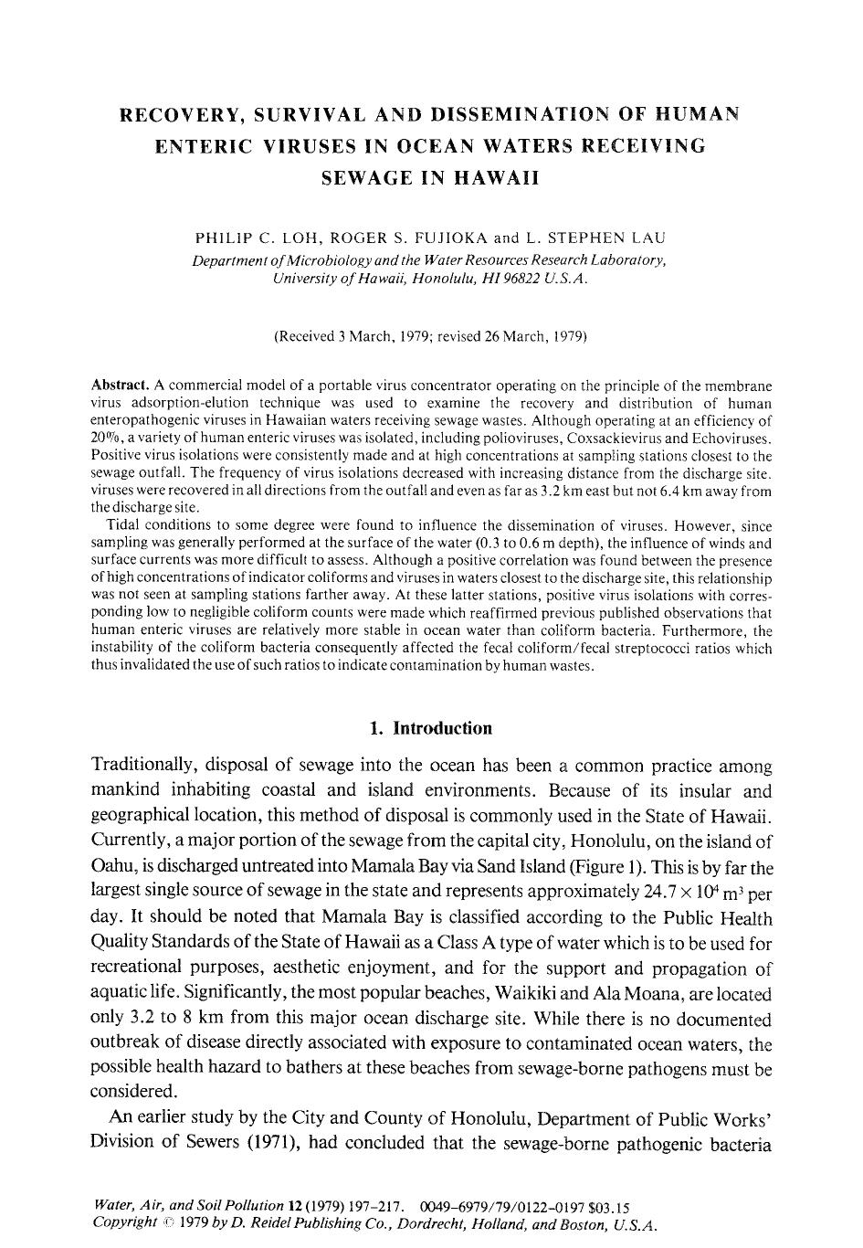 Recovery, survival and dissemination of human enteric viruses in ocean waters receiving sewage in Hawaii by Unknown