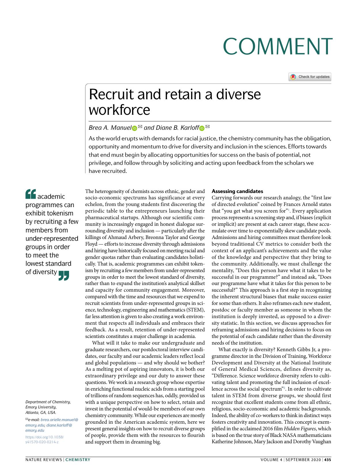Recruit and retain a diverse workforce by Brea A. Manuel & Diane B. Karloff