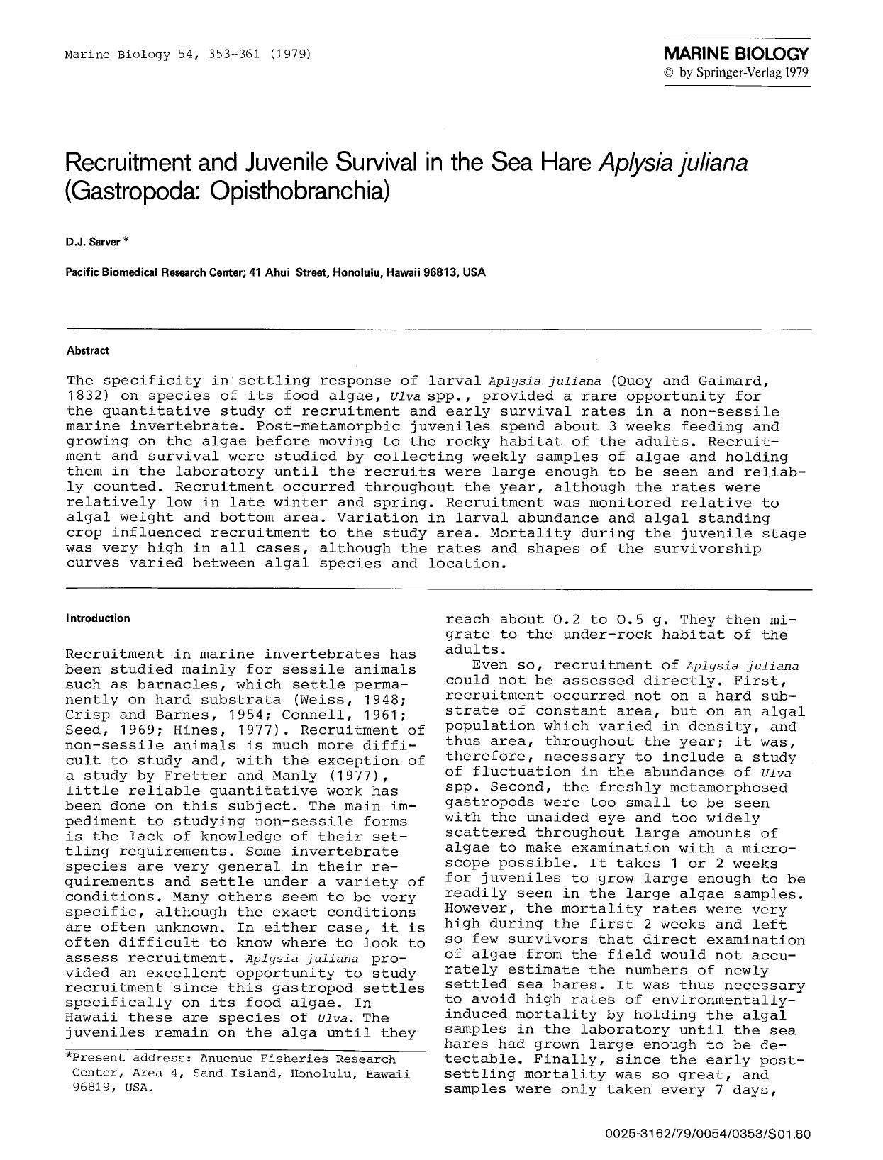 Recruitment and juvenile survival in the sea hare <Emphasis Type="Italic">Aplysia juliana<Emphasis> (Gastropoda: Opisthobranchia) by Unknown