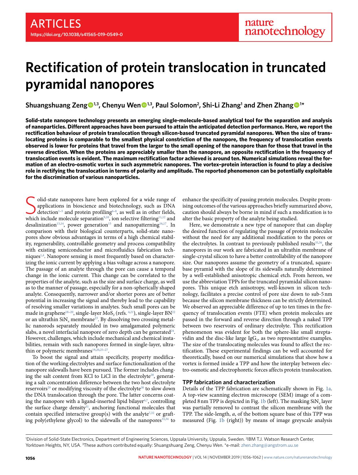 Rectification of protein translocation in truncated pyramidal nanopores by Shuangshuang Zeng & Chenyu Wen & Paul Solomon & Shi-Li Zhang & Zhen Zhang