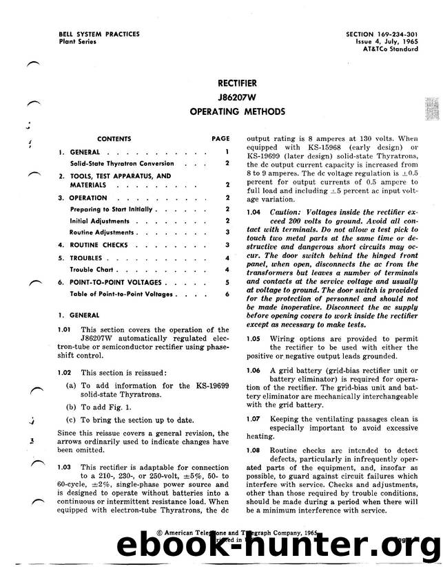 Rectifier J86207W Operating Methods by AT&&T |