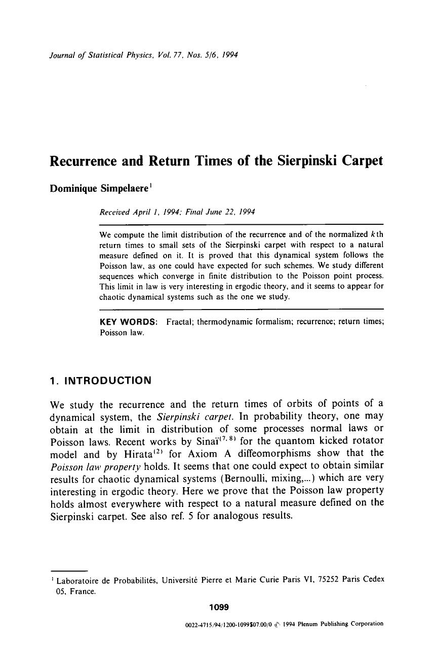 Recurrence and return times of the Sierpinski carpet by Unknown