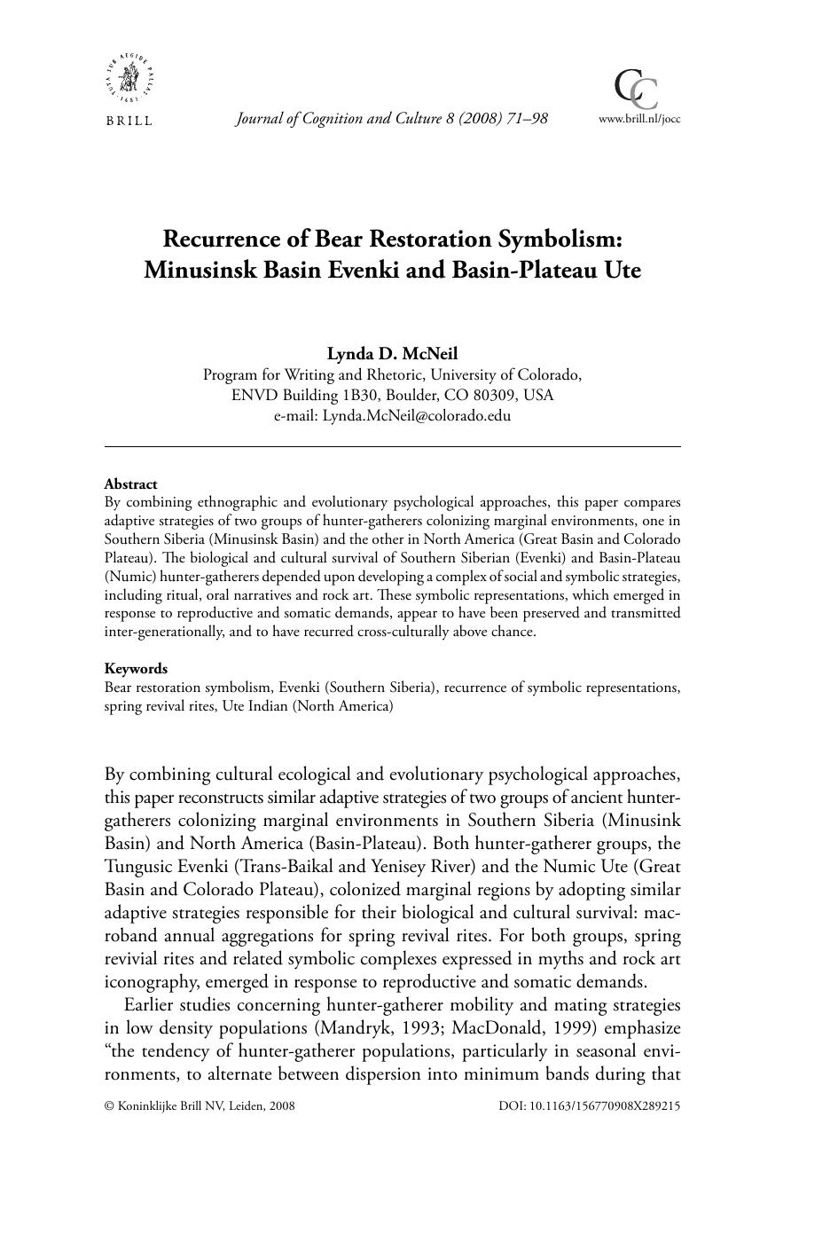 Recurrence of Bear Restoration Symbolism: Minusinsk Basin Evenki and Basin-Plateau Ute by Lynda D. McNeil