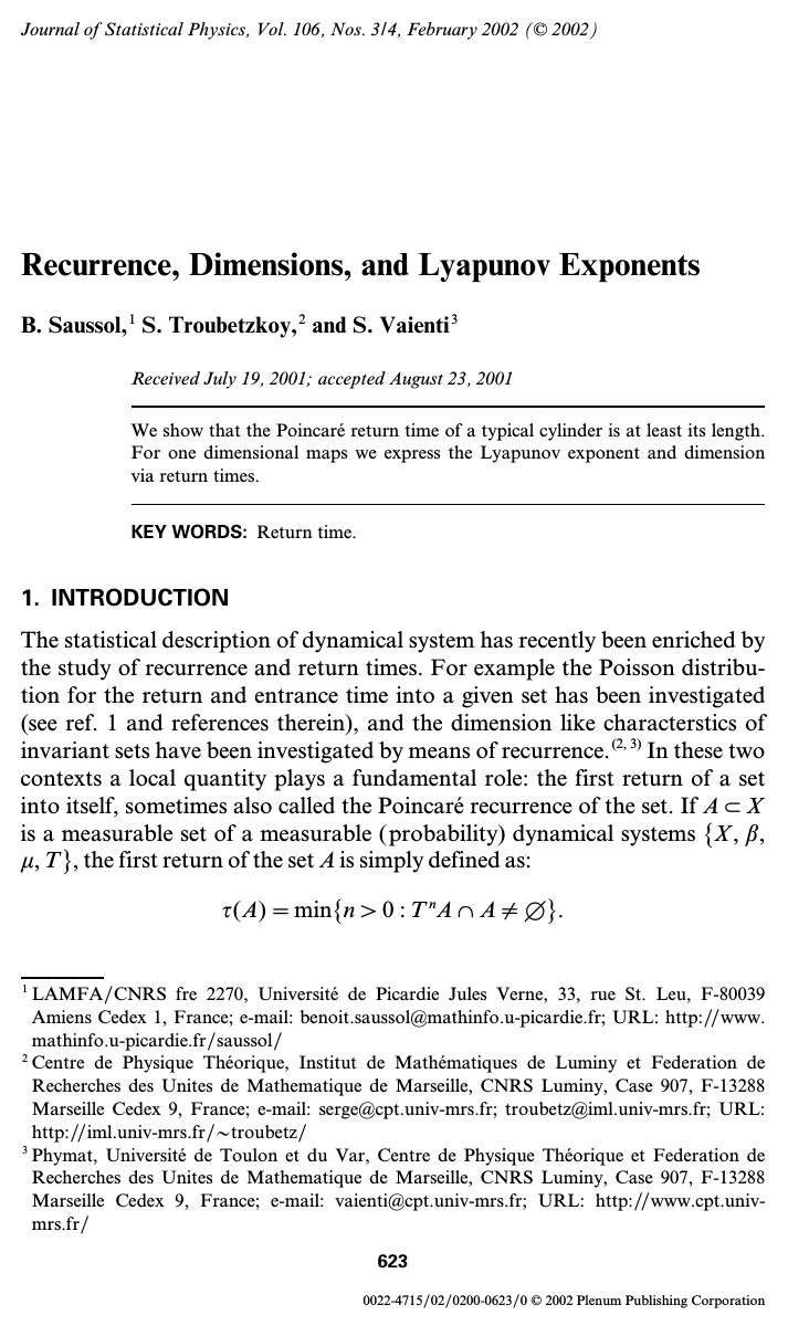 Recurrence, Dimensions, and Lyapunov Exponents by Unknown