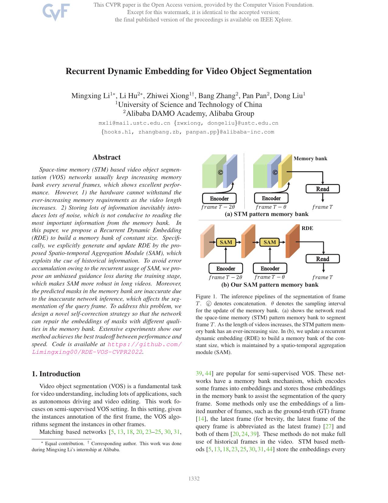 Recurrent Dynamic Embedding for Video Object Segmentation by Mingxing Li & Li Hu & Zhiwei Xiong & Bang Zhang & Pan Pan & Dong Liu