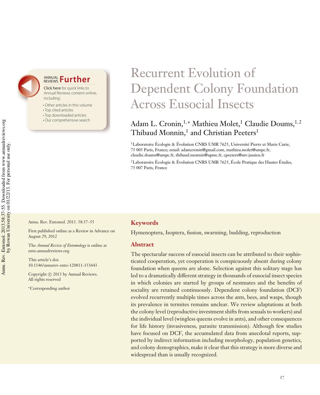 Recurrent Evolution of Dependent Colony Foundation Across Eusocial Insects by Adam L. Cronin Mathieu Molet Claudie Doums Thibaud Monnin & Christian Peeters