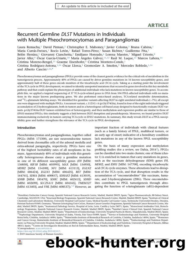 Recurrent Germline DLST Mutations in Individuals with Multiple Pheochromocytomas and Paragangliomas by unknow