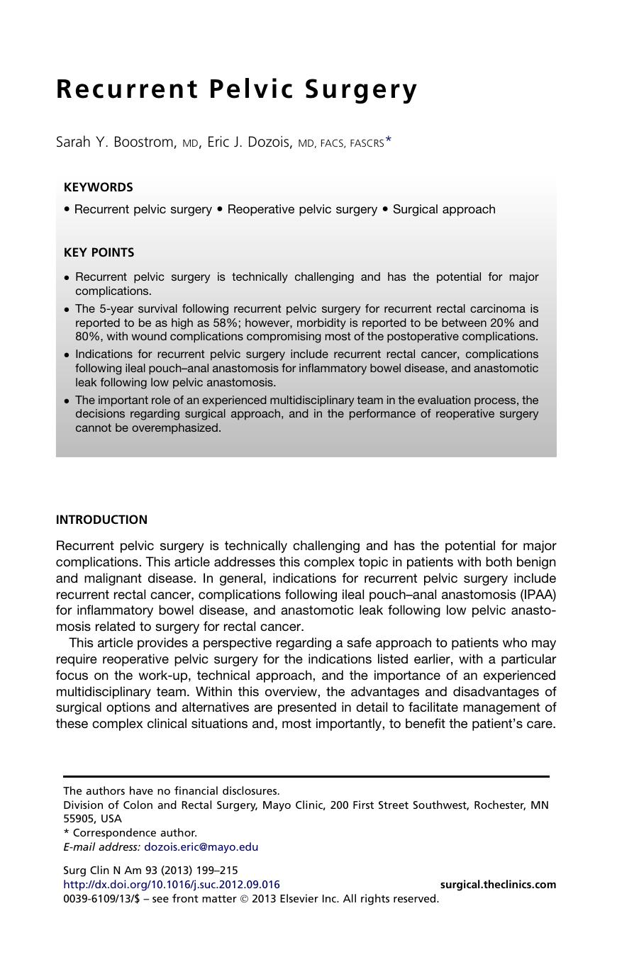 Recurrent Pelvic Surgery by Sarah Y. Boostrom MD & Eric J. Dozois MD FACS FASCRS
