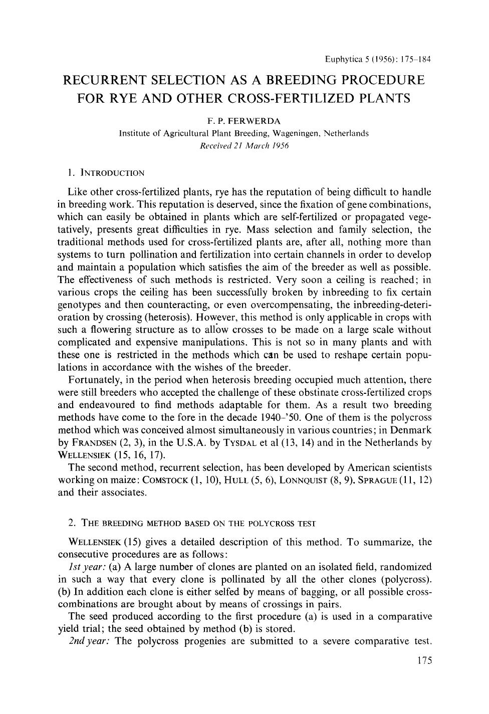 Recurrent selection as a breeding procedure for rye and other cross-fertilized plants by Unknown
